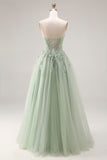 Dusty Green Tulle A-Line Corset Strapless Appliqued Long Prom Dress with Slit