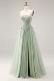 Dusty Green Tulle A-Line Corset Strapless Appliqued Long Prom Dress with Slit