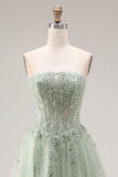 Dusty Green Tulle A-Line Corset Strapless Appliqued Long Prom Dress with Slit
