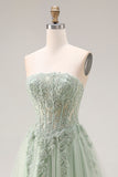 Dusty Green Tulle A-Line Corset Strapless Appliqued Long Prom Dress with Slit