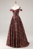 Coffee Leopard A Line Off the Shoulder Long Prom Dress