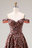 Coffee Leopard A Line Off the Shoulder Long Prom Dress