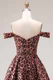 Coffee Leopard A Line Off the Shoulder Long Prom Dress