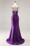 Purple Mermaid Spaghetti Straps Appliqued Long Prom Dress with Slit