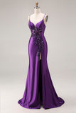 Purple Mermaid Spaghetti Straps Appliqued Long Prom Dress with Slit