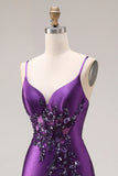 Purple Mermaid Spaghetti Straps Appliqued Long Prom Dress with Slit