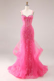 Fuchsia Organza Mermaid Corset Spaghetti Straps Long Prom Dress with Appliques
