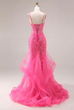 Fuchsia Organza Mermaid Corset Spaghetti Straps Long Prom Dress with Appliques