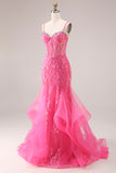Fuchsia Organza Mermaid Corset Spaghetti Straps Long Prom Dress with Appliques