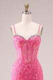 Fuchsia Organza Mermaid Corset Spaghetti Straps Long Prom Dress with Appliques