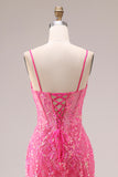 Fuchsia Organza Mermaid Corset Spaghetti Straps Long Prom Dress with Appliques