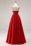 Red A-Line Spaghetti Straps Corset Appliqued Long Prom Dress with Slit