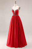 Red A-Line Spaghetti Straps Corset Appliqued Long Prom Dress with Slit