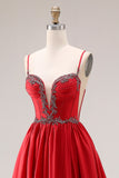 Red A-Line Spaghetti Straps Corset Appliqued Long Prom Dress with Slit