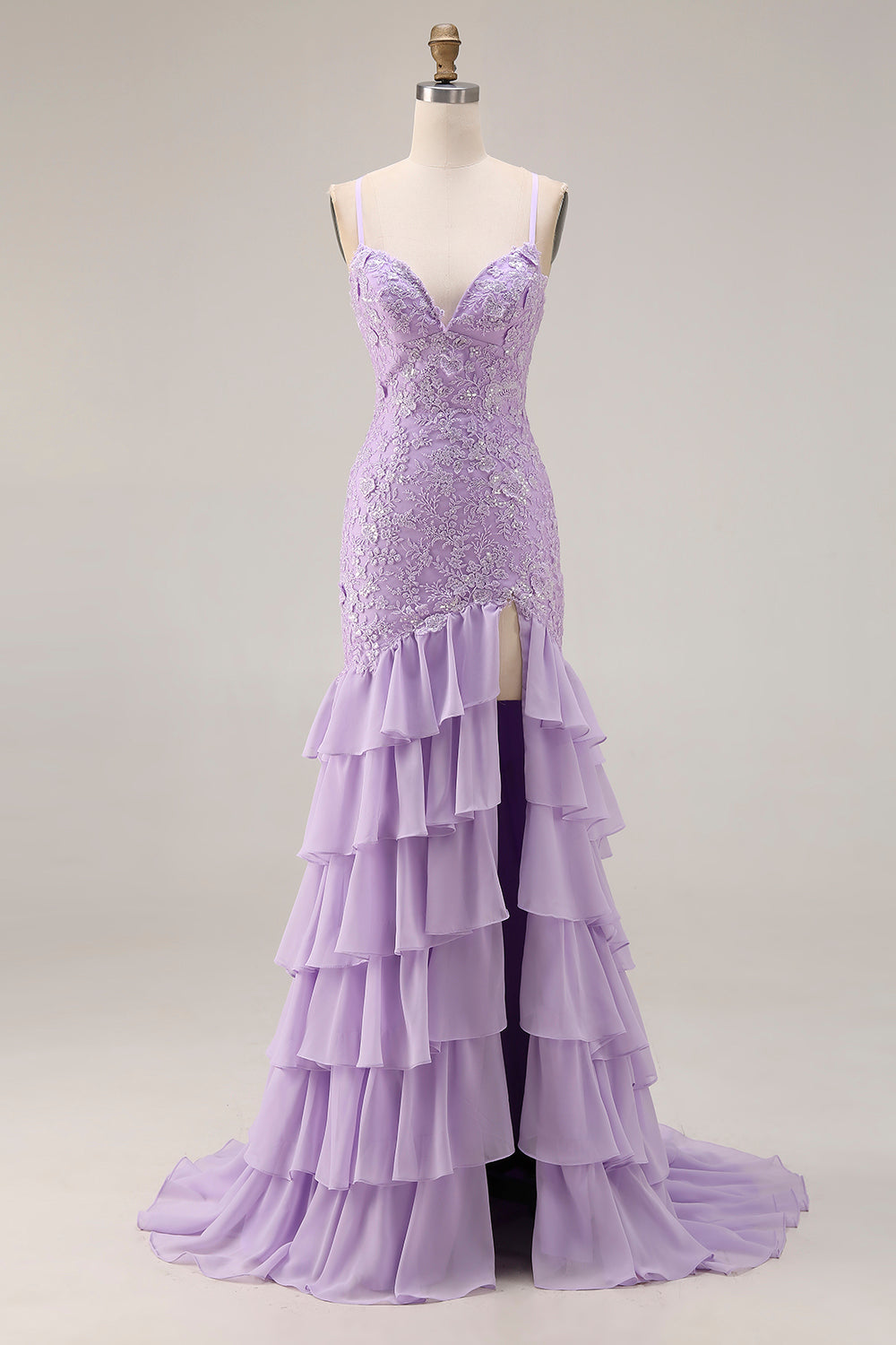 Pruple Ruffland ZAPAKA Women Purple Long Prom Dress with Slit Mermaid Ruffled Spaghetti ...