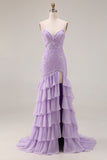 Purple Mermaid Spaghetti Straps Lace Up Back Long Prom Dress with Ruffled Slit