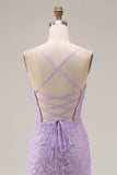 Purple Mermaid Spaghetti Straps Lace Up Back Long Prom Dress with Ruffled Slit
