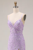 Purple Mermaid Spaghetti Straps Lace Up Back Long Prom Dress with Ruffled Slit