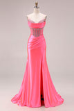 Pink Mermaid Satin Beaded Corset Long Prom Dress with Slit