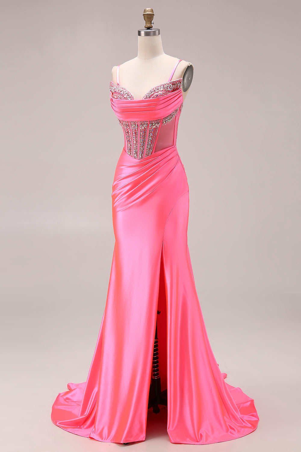ZAPAKA Women Pink Long Prom Dress with Slit Mermaid Satin Spaghetti Straps Corset Party Dress with Beading ZAPAKA Women Pink Long Prom Dress with Slit Mermaid Satin Spaghetti Straps Corset Party Dress with Beading