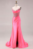 Pink Mermaid Satin Beaded Corset Long Prom Dress with Slit