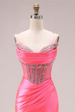 Pink Mermaid Satin Beaded Corset Long Prom Dress with Slit