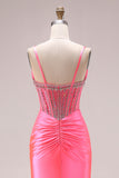 Pink Mermaid Satin Beaded Corset Long Prom Dress with Slit