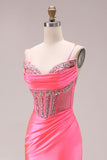Pink Mermaid Satin Beaded Corset Long Prom Dress with Slit