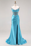 Lake Blue Mermaid Corset Satin Beaded Long Prom Dress with Slit