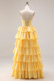 Yellow Sweetheart A-Line Tiered Corset Lace-Up Back Prom Dress with Slit