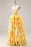 Yellow Sweetheart A-Line Tiered Corset Lace-Up Back Prom Dress with Slit