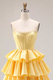 Yellow Sweetheart A-Line Tiered Corset Lace-Up Back Prom Dress with Slit