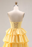 Yellow Sweetheart A-Line Tiered Corset Lace-Up Back Prom Dress with Slit