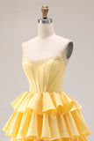 Yellow Sweetheart A-Line Tiered Corset Lace-Up Back Prom Dress with Slit