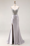 Sparkly Light Grey Satin Mermaid Ruched Beaded Long Prom Dress with Slit