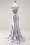 Sparkly Light Grey Satin Mermaid Ruched Beaded Long Prom Dress with Slit