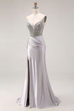 Sparkly Light Grey Satin Mermaid Ruched Beaded Long Prom Dress with Slit