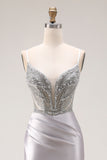 Sparkly Light Grey Satin Mermaid Ruched Beaded Long Prom Dress with Slit