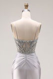Sparkly Light Grey Satin Mermaid Ruched Beaded Long Prom Dress with Slit