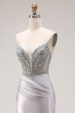 Sparkly Light Grey Satin Mermaid Ruched Beaded Long Prom Dress with Slit