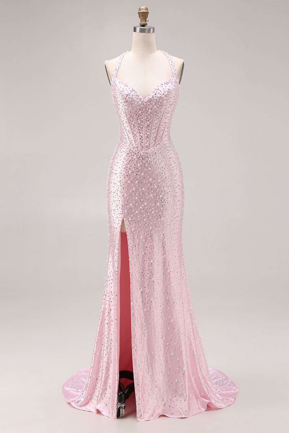 ZAPAKA Women Light Pink Long Prom Dress with Beading Halter Mermaid Corset Satin Party Dress with Slit, Light Pink / US14 ZAPAKA Women Light Pink Long Prom Dress with Beading Halter Mermaid Corset Satin Party Dress with Slit, Light Pink / US14