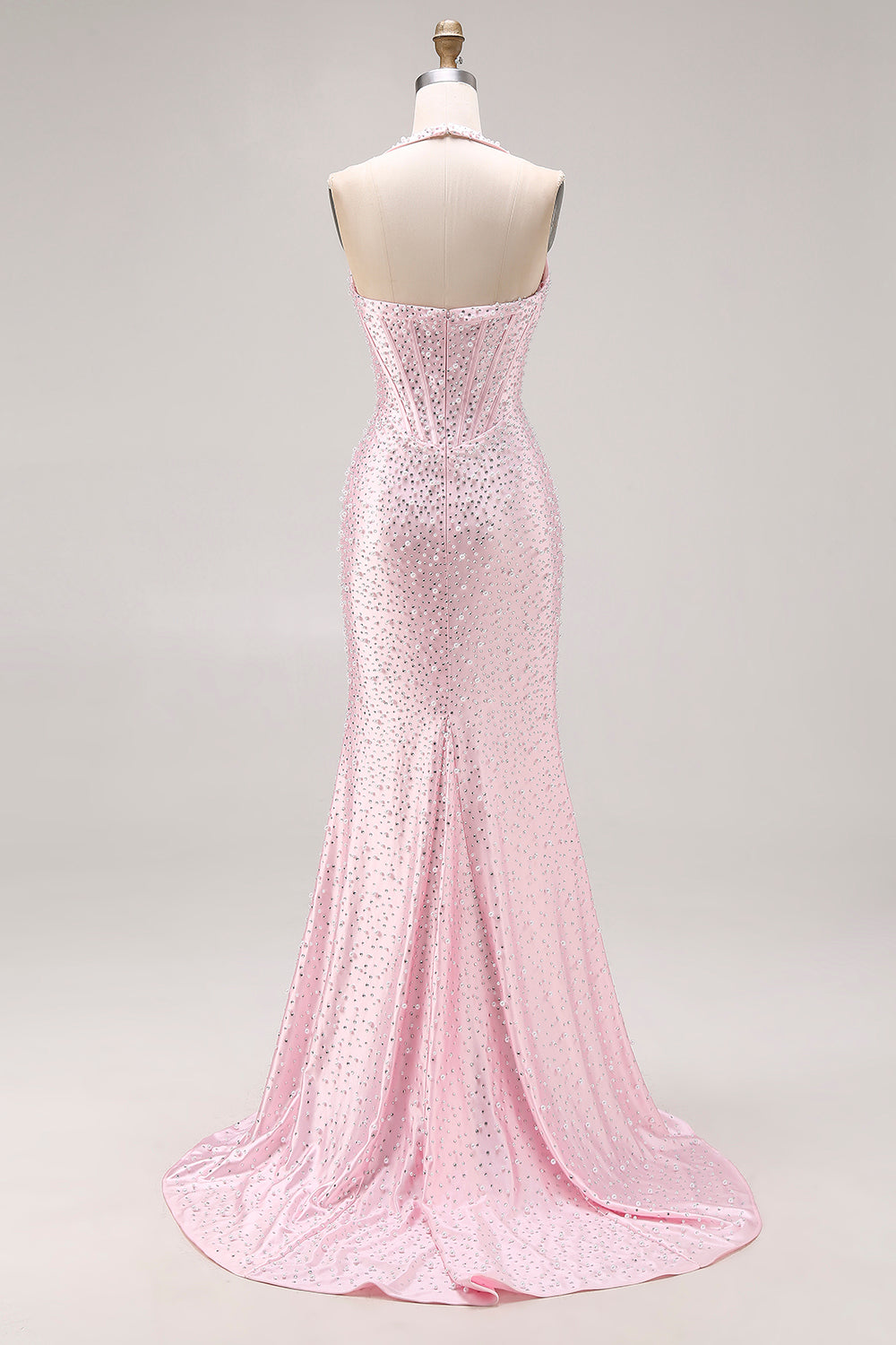 ZAPAKA Women Light Pink Long Prom Dress with Beading Halter Mermaid Corset Satin Party Dress with Slit ZAPAKA Women Light Pink Long Prom Dress with Beading Halter Mermaid Corset Satin Party Dress with Slit
