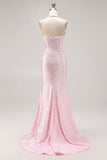 Light Pink Mermaid Beaded Halter Pearls Long Prom Dress with Slit