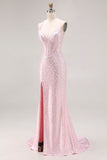 Light Pink Mermaid Beaded Halter Pearls Long Prom Dress with Slit