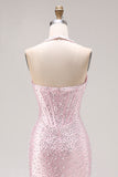 Light Pink Mermaid Beaded Halter Pearls Long Prom Dress with Slit