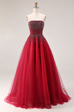 Red Strapless A-Line Tulle Long Prom Dress with Beading
