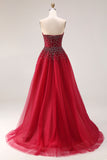 Red Strapless A-Line Tulle Long Prom Dress with Beading