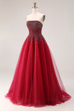 Red Strapless A-Line Tulle Long Prom Dress with Beading