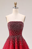 Red Strapless A-Line Tulle Long Prom Dress with Beading
