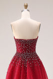 Red Strapless A-Line Tulle Long Prom Dress with Beading